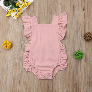Baby Girl Ruffled Solid Color Sleeveless Backless Romper