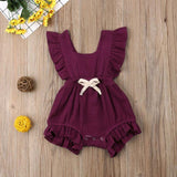 Baby Girl Ruffled Solid Color Sleeveless Backless Romper